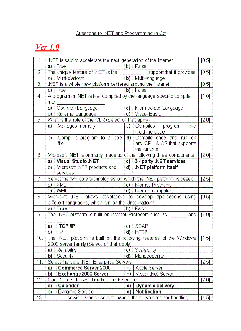 Questions to NET and Programming in C v1