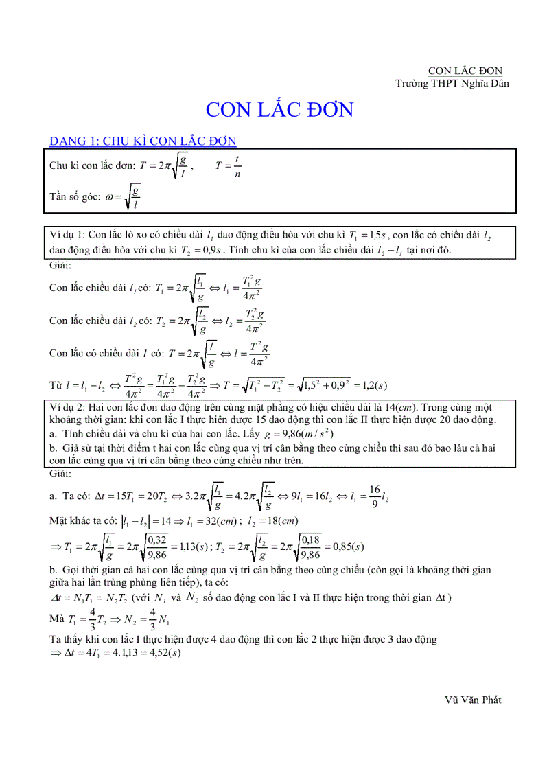 CHUYÊN ĐỀ Con lắc đơn