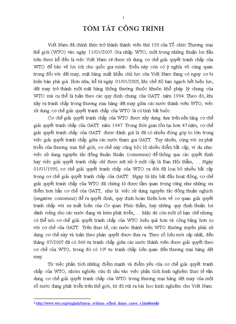 Vận dụng cơ chế giải quyết tranh chấp của WTO đối với Việt Nam trong việc giải quyết tranh chấp về thương mại hàng dệt may