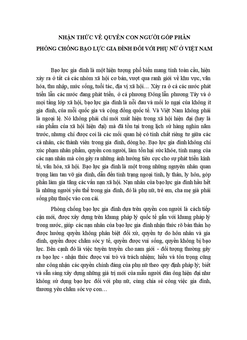 Nhận thức quyền con người góp phần phòng chống bạo lực gia đình đối với phụ nữ ở việt nam