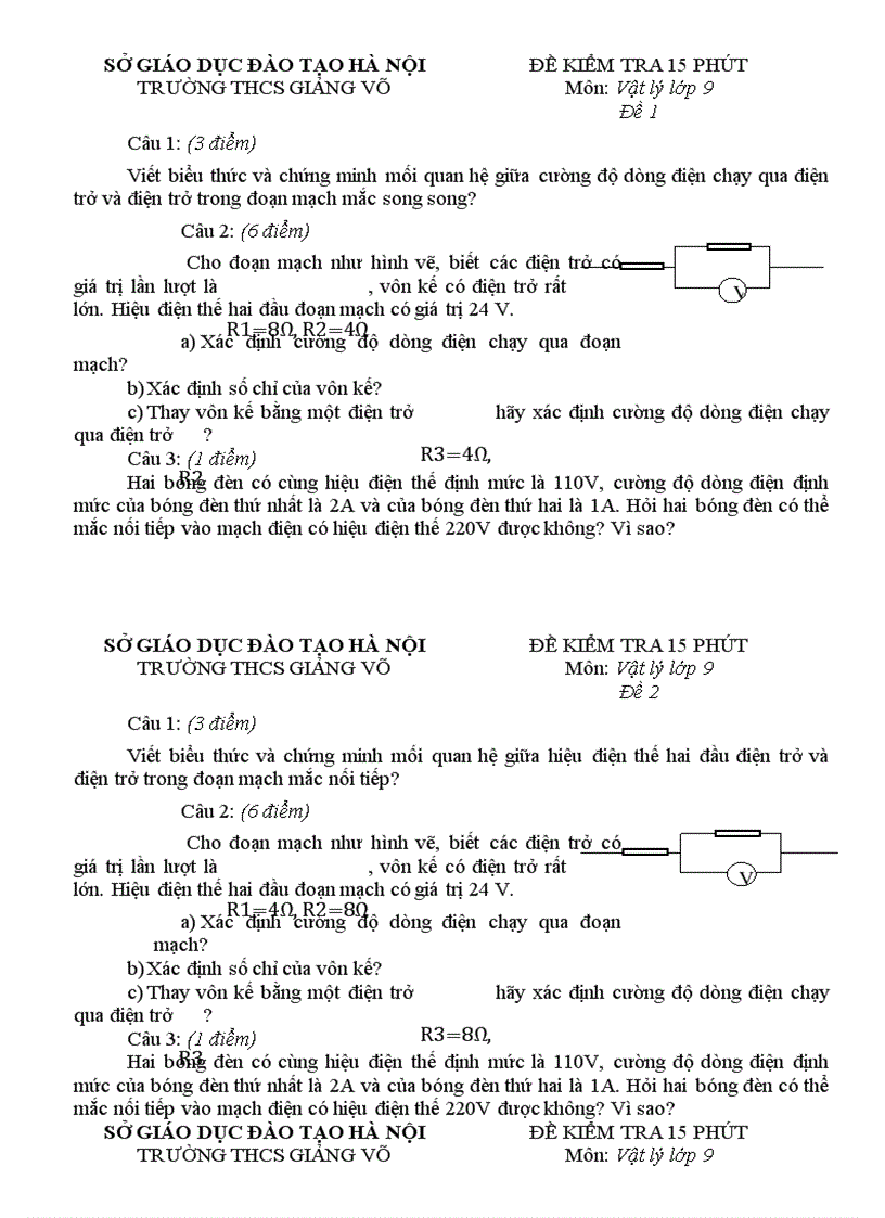 TRƯỜNG THCS GIẢNG VÕ ĐỀ KIỂM TRA 15 PHÚT Môn Vật lý lớp 9