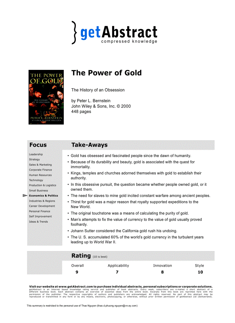 The Power of Gold The History of an Obsession Peter L Bernstein