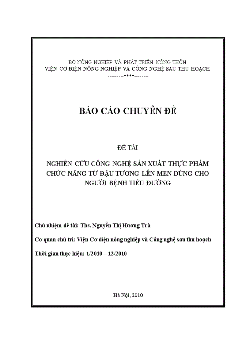 Nghiên cứu công nghệ sản xuất thực phẩm chức năng từ đậu tương lên men dùng cho người bệnh tiểu đường