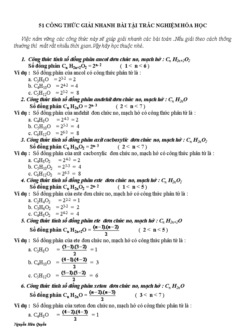 51 công thức giải nhanh bài tập trắc nghiệm hóa học