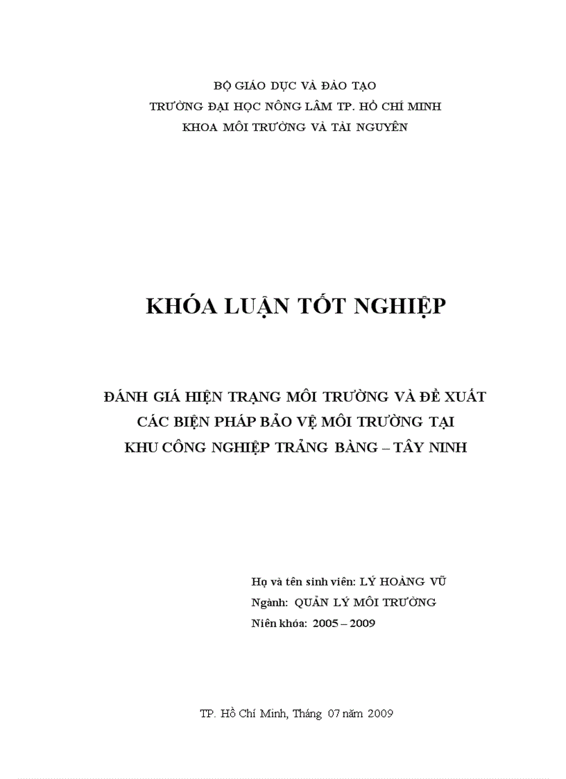 Đánh giá hiện trạng môi trường và đề xuất các biện pháp bảo vệ môi trường tại khu công nghiệp trảng bàng tây ninh