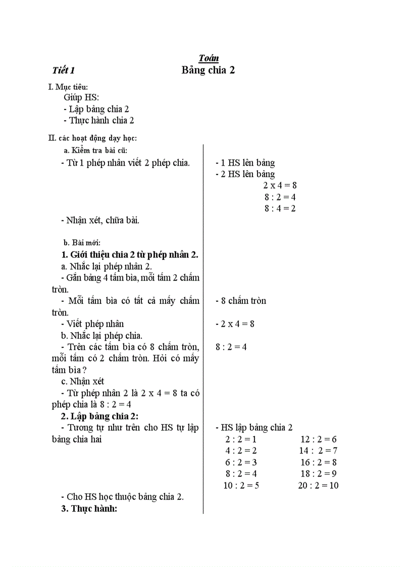 Toán Bảng chia 2