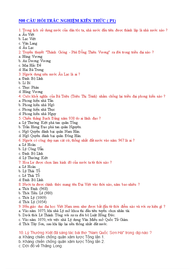 500 câu hỏi trắc nghiệm kiến thức p1