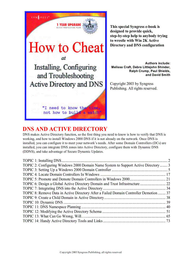 How to cheat at installing configuring and troubleshooting active directory and dns