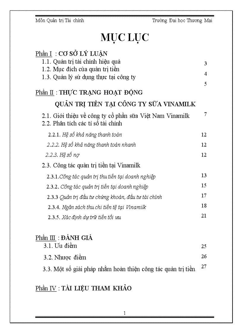 Đề tài thảo luận môn quản trị tài chính Hoạt động quản trị tiền tại công ty sữa vinamilk