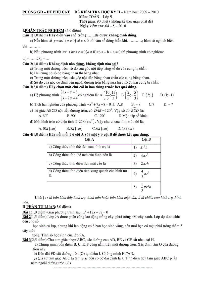 Đề thi học kì 2 môn toán 9