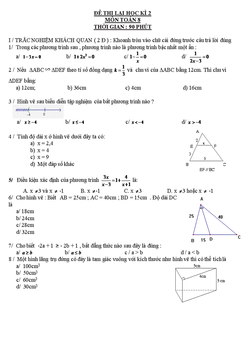 Đề thi lại học kì 2 môn toán 8 thời gian 90 phút