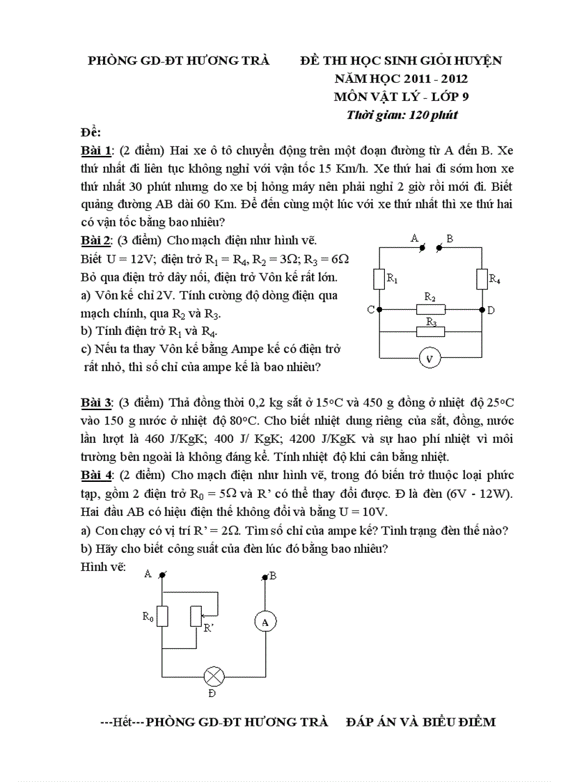Đề thi học sinh giỏi huyện năm học 2011 2012 môn vật lý lớp 9