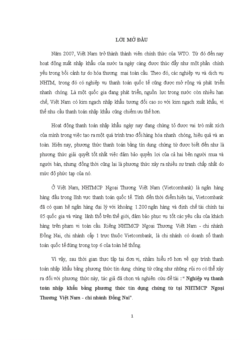 Nghiệp vụ thanh toán nhập khẩu bằng phương thức tín dụng chứng từ tại ngân hàng thương mại cổ phần Ngoại Thương Việt Nam chi nhánh Đồng Nai