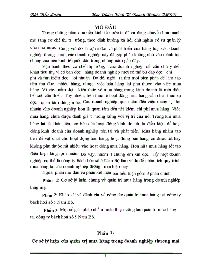 Bài Thảo Luận Kinh Tế Doanh Nghiệp Thương mại Dịch Vụ Phân tích quy trình mua hàng tại công ty bách hóa số 5 nam bộ