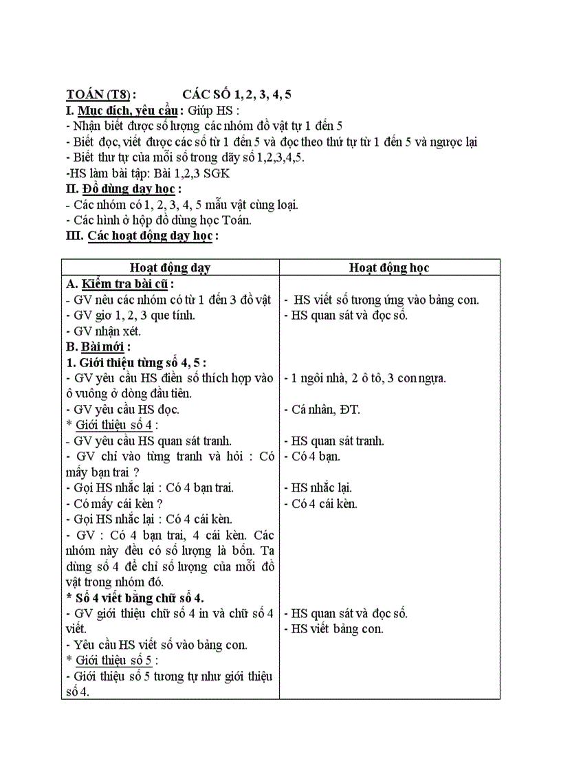 Toán Các số 1 2 3 4 5