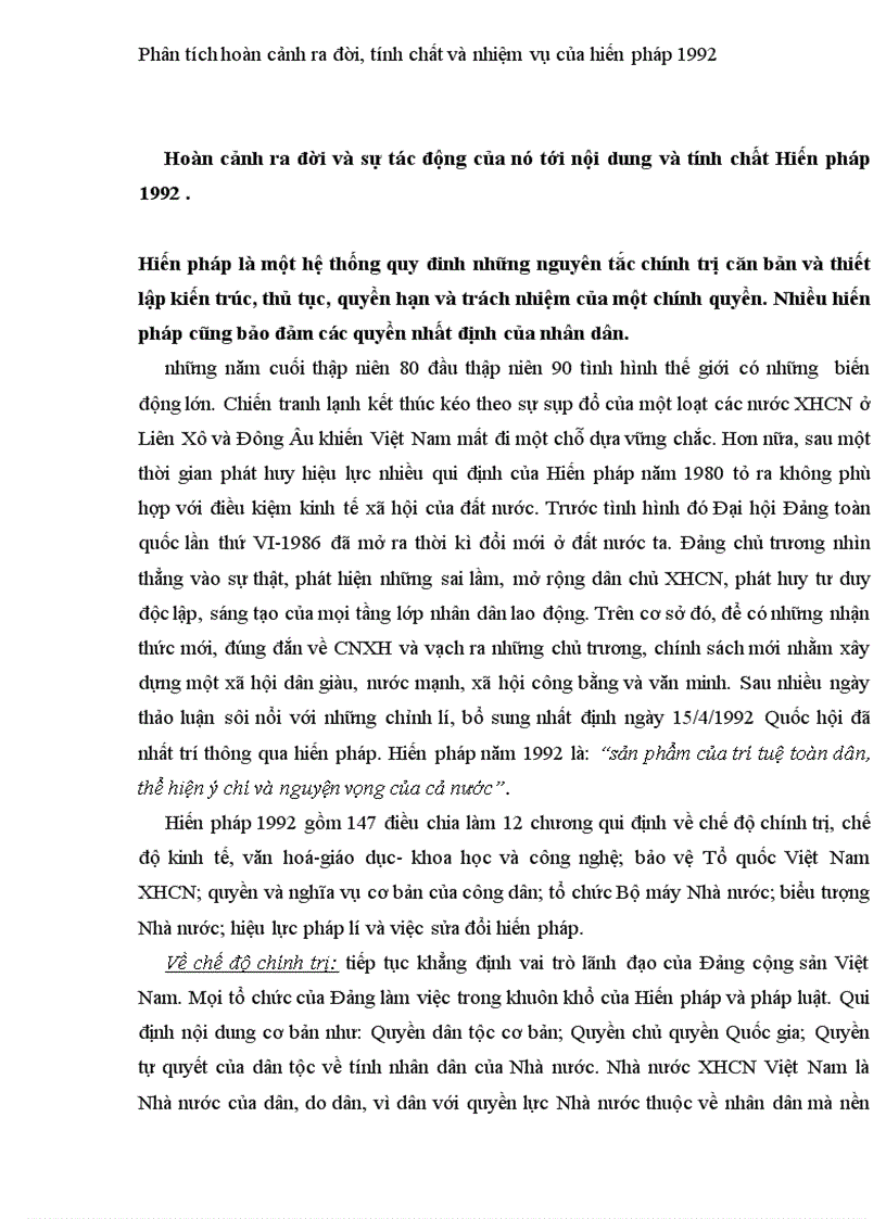 Phân tích hoàn cảnh ra đời tính chất và nhiệm vụ của hiến pháp 1992