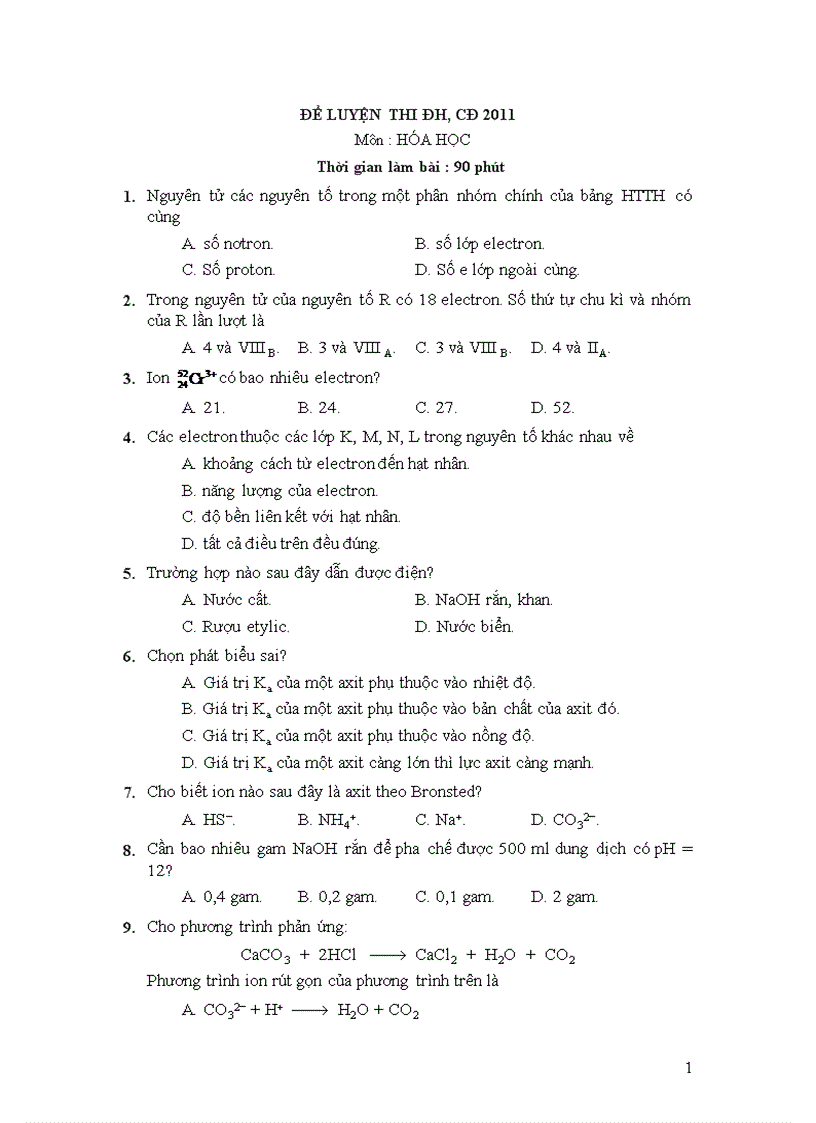 ĐỀ LUYỆN THI ĐH CĐ 2011 Môn HÓA HỌC