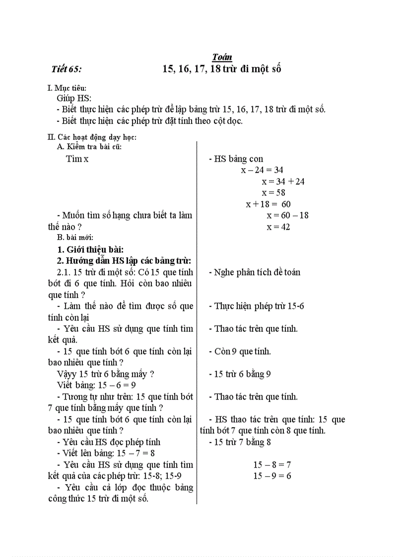 Toán 15 16 17 18 trừ đi một số