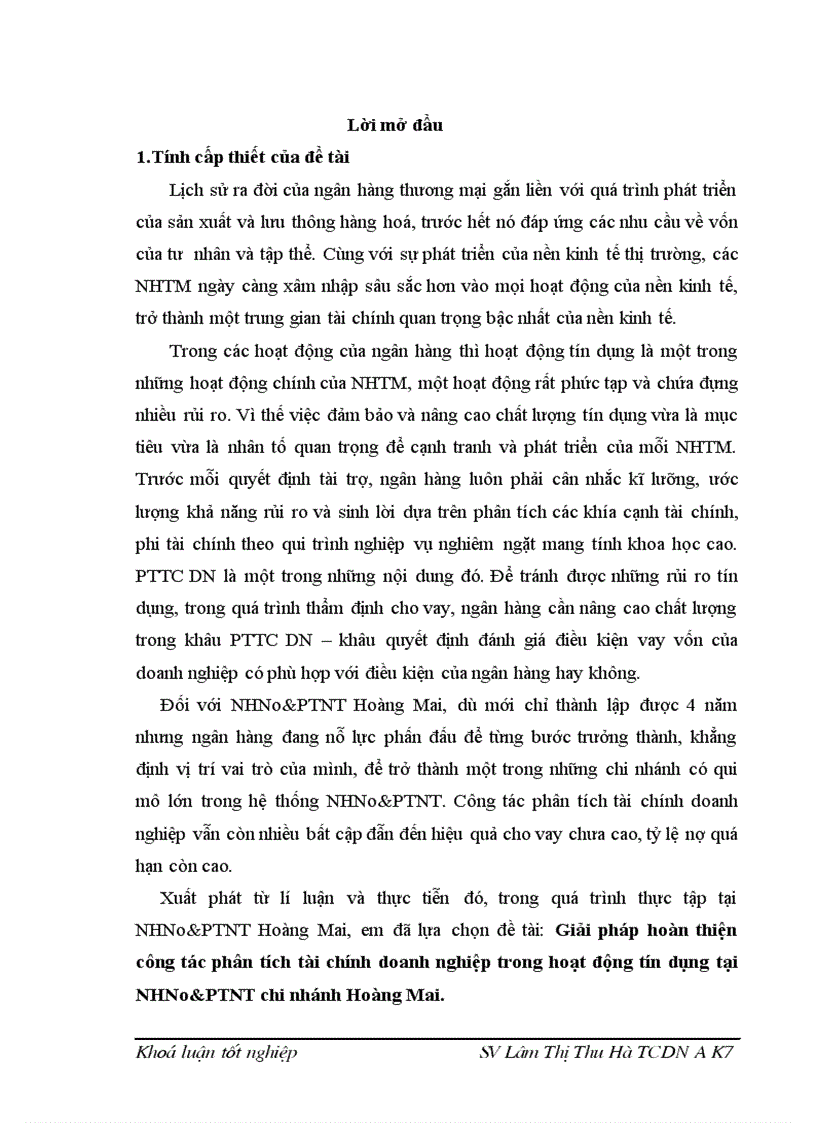 Giải pháp hoàn thiện công tác phân tích tài chính doanh nghiệp trong hoạt động tín dụng tại NHNo PTNT chi nhánh Hoàng Mai