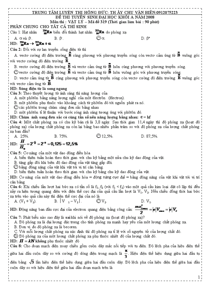 Môn thi Vật lý đề thi tuyển sinh đại học khối a năm 2008