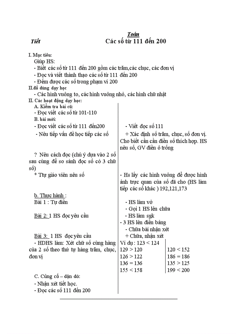 Toán Các số từ 111 đến 200