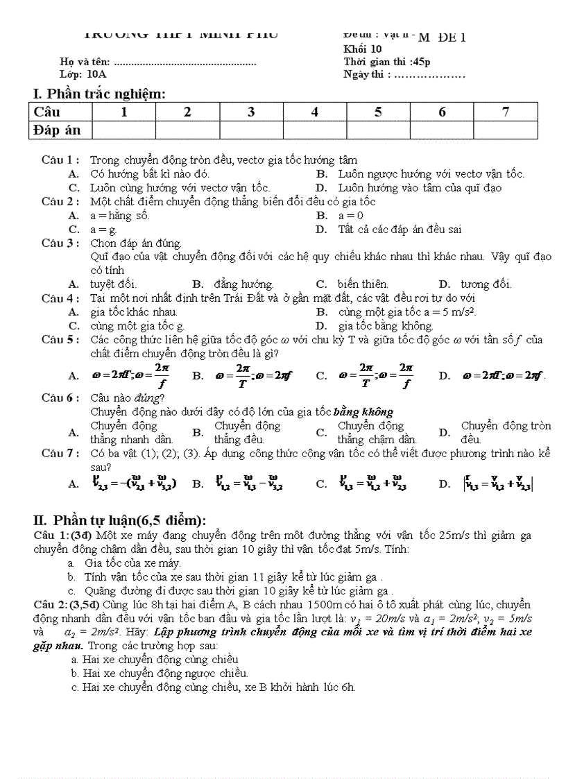 Đề thi Vật lí Khối 10 mã đề số 2 năm 2010