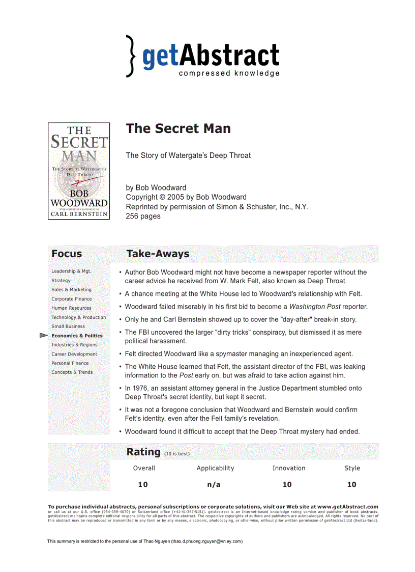 The Secret Man The Story of Watergate s Deep Throat