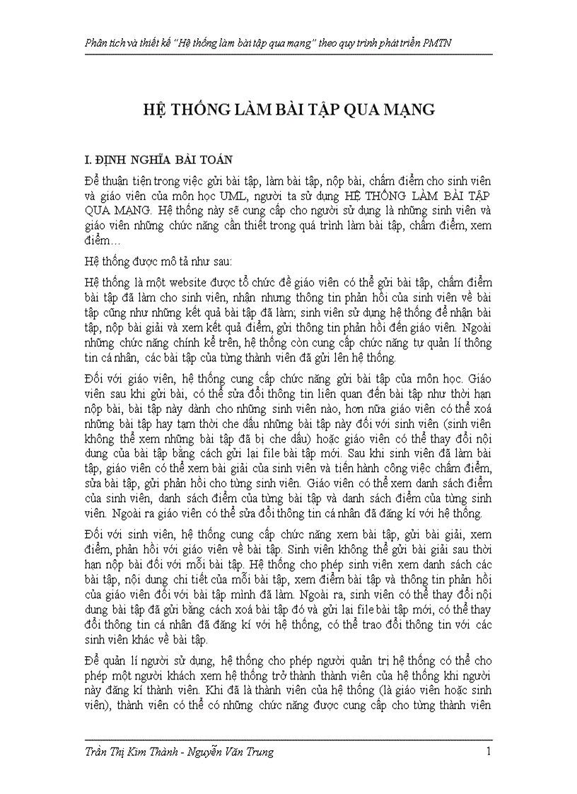 Phân tích và thiết kế Hệ thống làm bài tập qua mạng theo quy trình phát triển PMTN