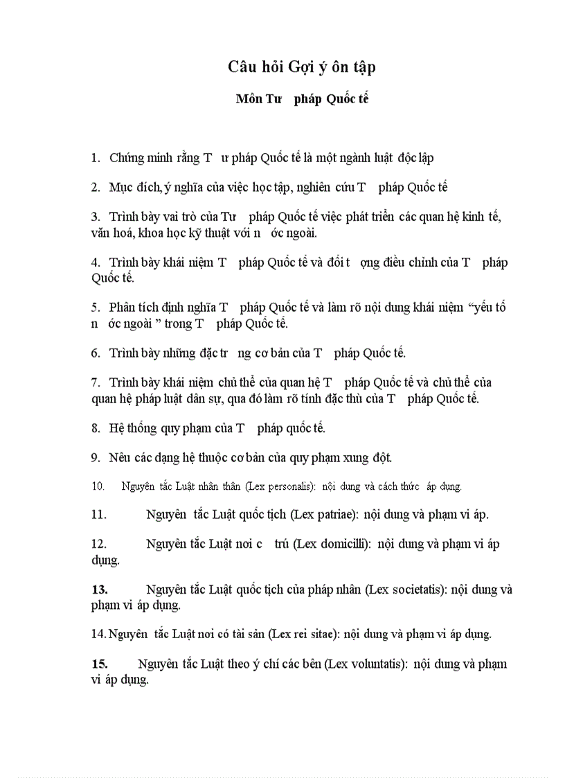 Câu hỏi Gợi ý ôn tập Môn Tư pháp Quốc tế