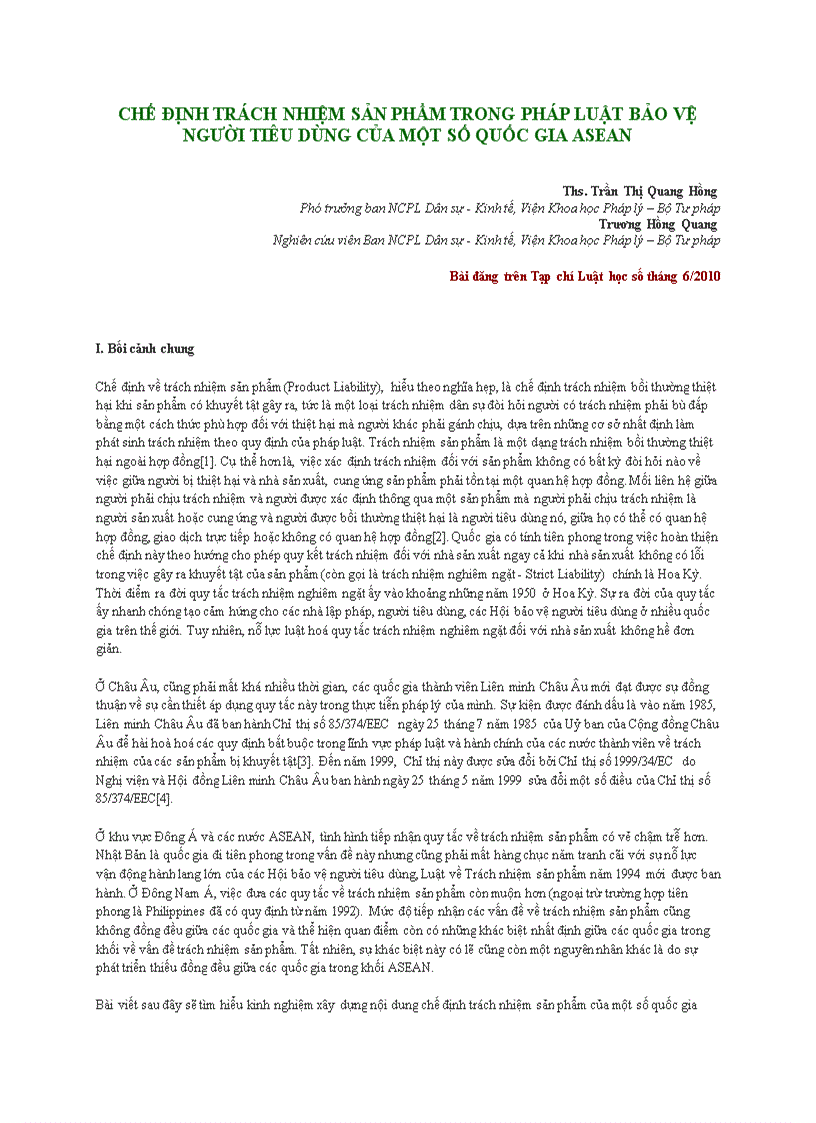 Chế định trách nhiệm sản phẩm trong pháp luật bảo vệ người tiêu dùng của một số quốc gia asean