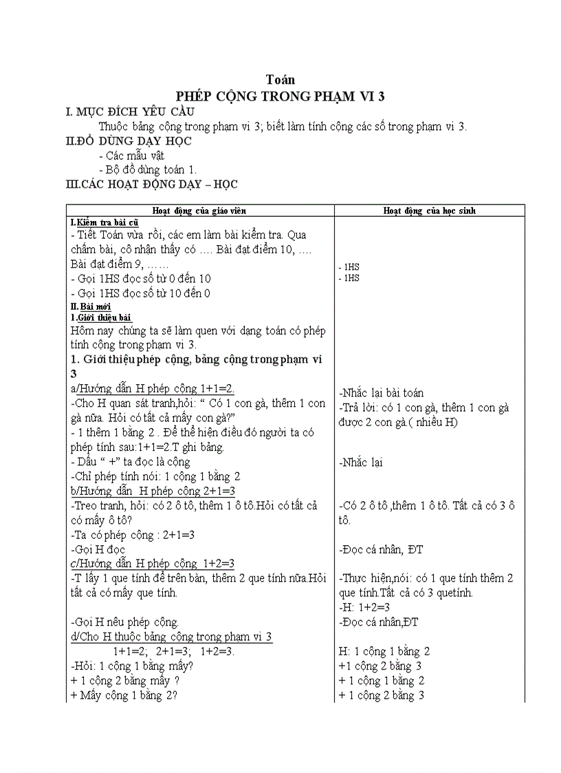 Toán PHÉP CỘNG TRONG PHẠM VI 3