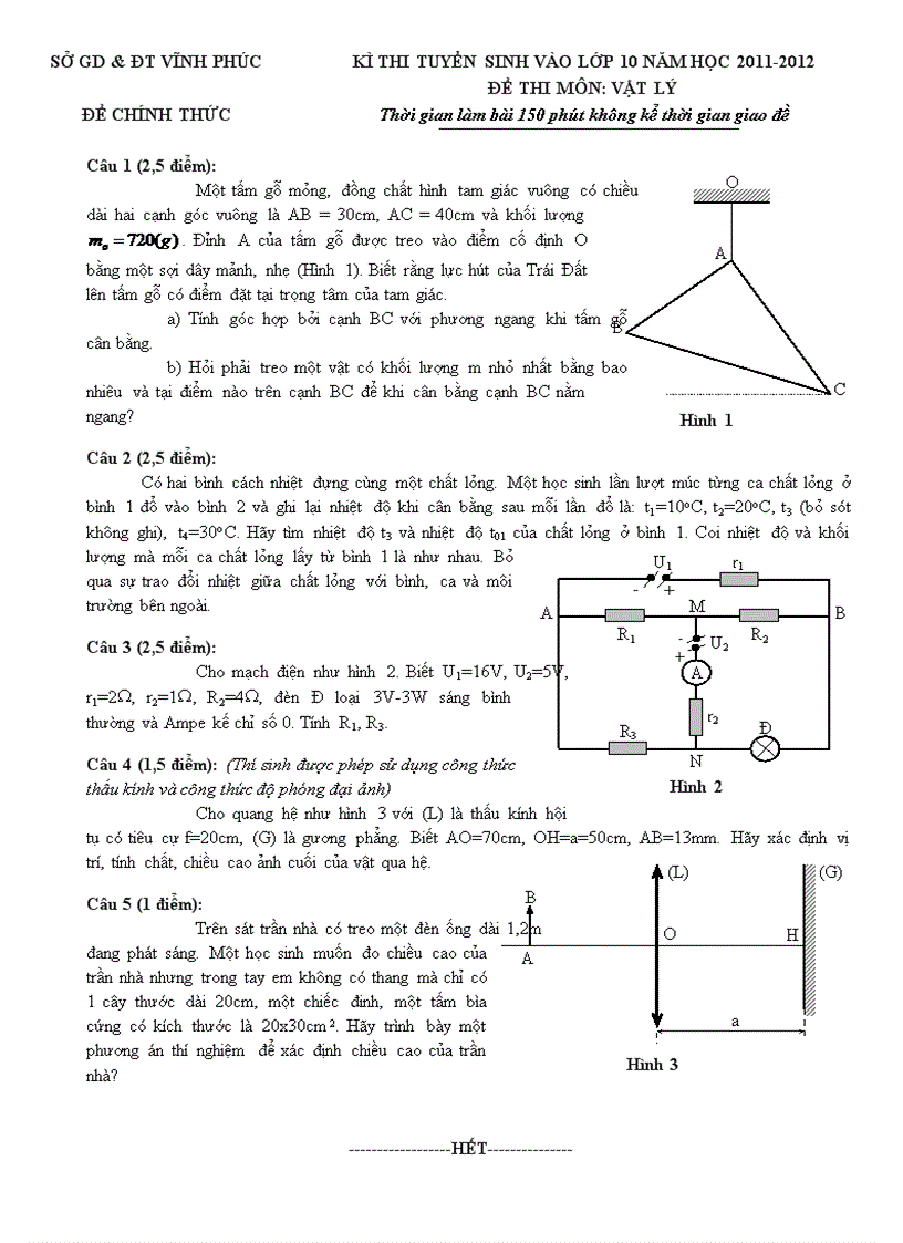 Kì thi tuyển sinh vào lớp 10 năm học 2011 2012 đề thi môn Vật lý tỉnh vĩnh phúc
