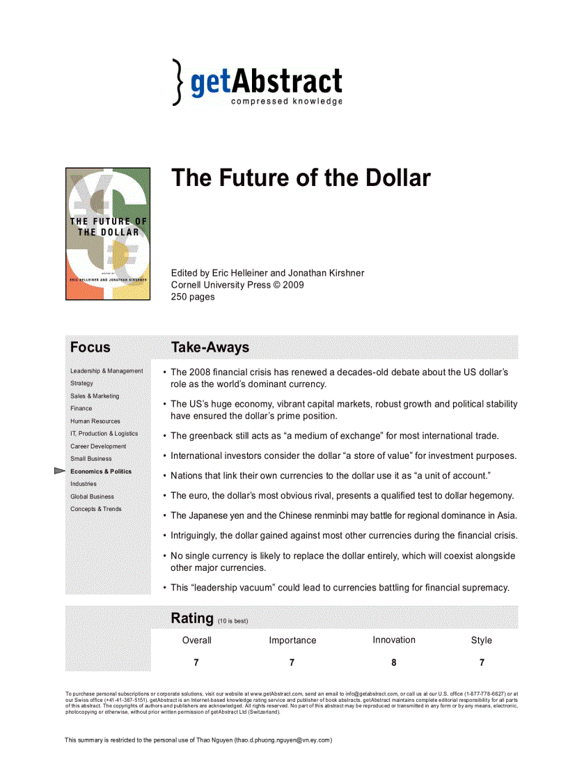 The Future of the Dollar Eric Helleiner and Jonathan Kirshner