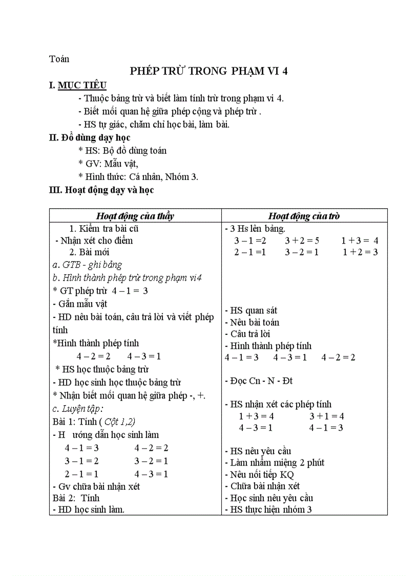 Toán PHÉP TRỪ TRONG PHẠM VI 4