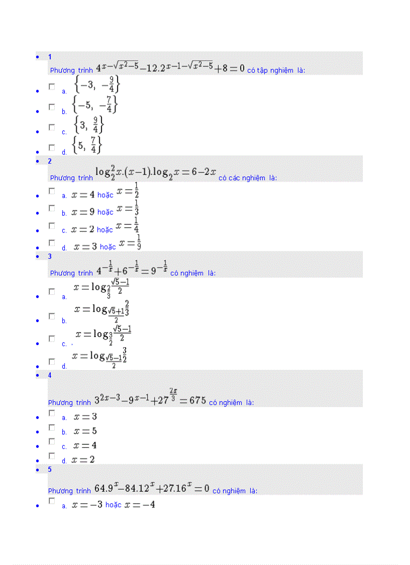 Đề thi trắc nghiệm Phương trình mũ và phương trình logarit tiệm cận