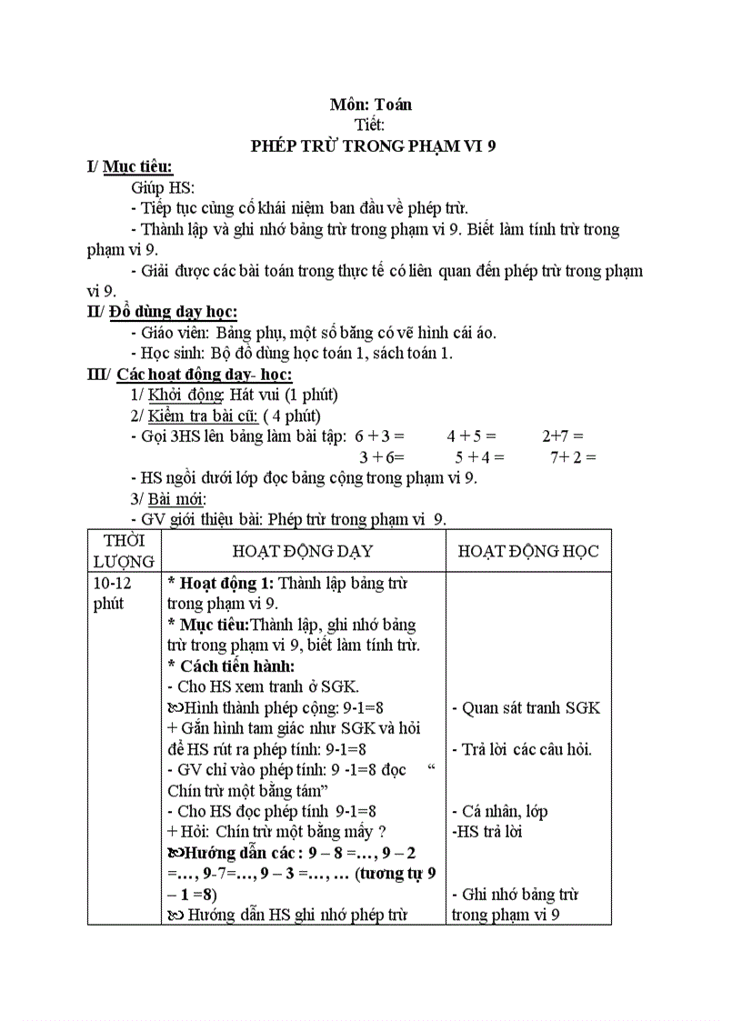 Toán PHÉP TRỪ TRONG PHẠM VI 9