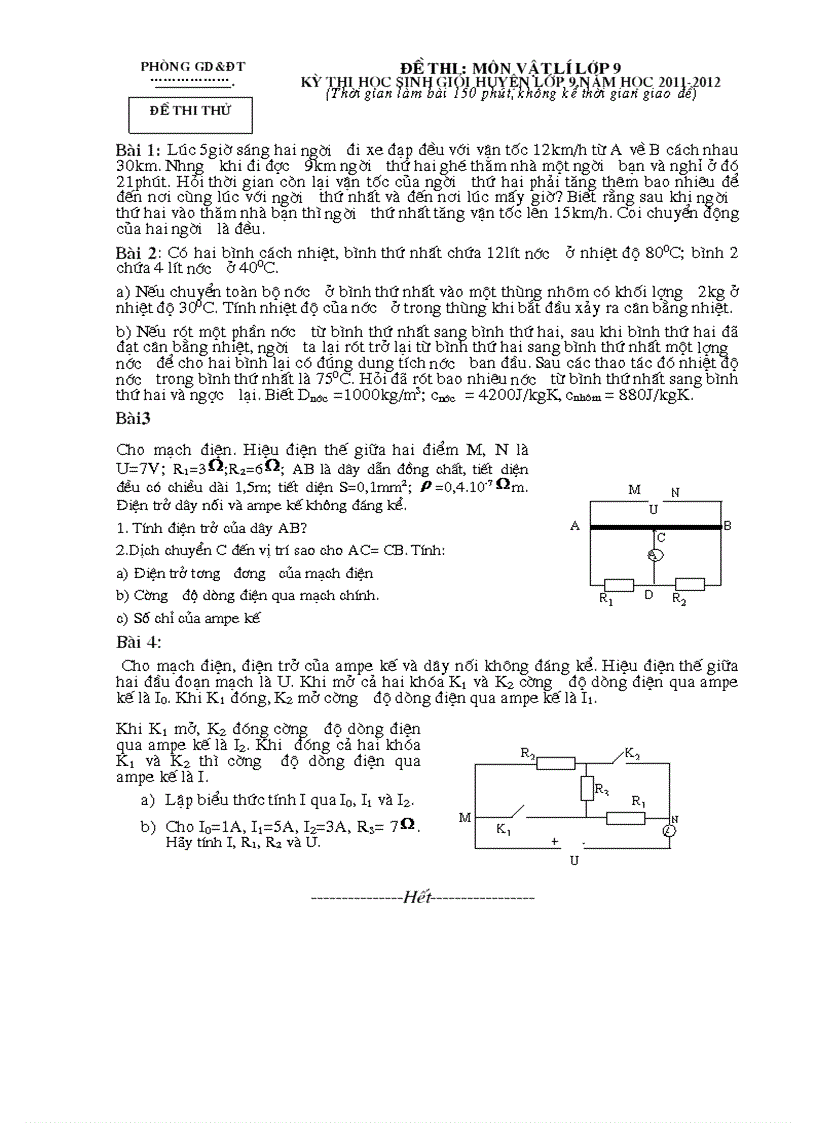 Đề thi môn vật lí lớp 9 Kỳ thi học sinh giỏi huyện lớp 9 năm học 2011 2012