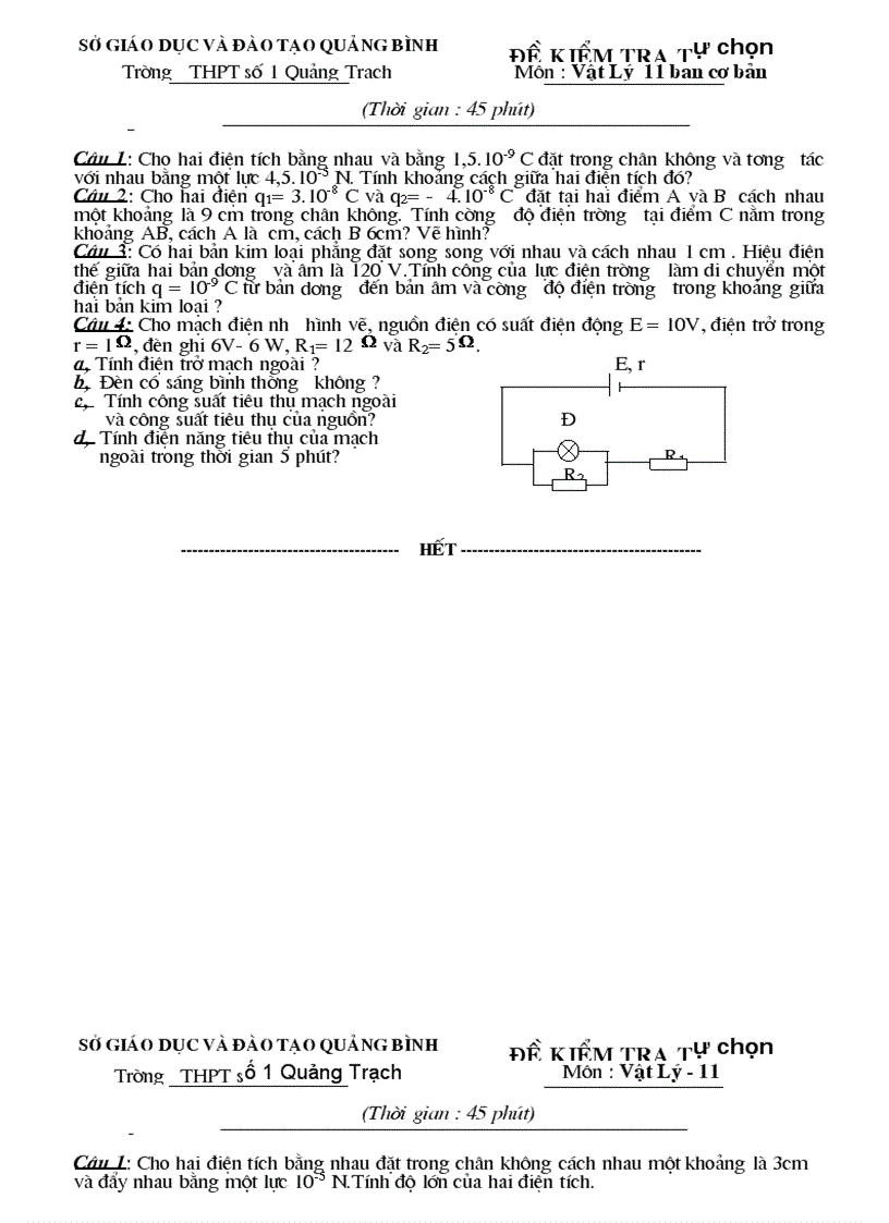 Đề Kiểm Tra tự chọn Môn Vật Lý 11 ban cơ bản