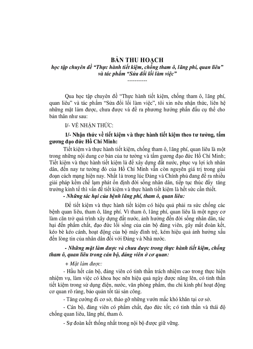 CHUYÊN ĐỀ Thực hành tiết kiệm chống tham ô lãng phí quan liêu và tác phẩm Sửa đổi lối làm việc TRONG TƯ TƯỞNG HỒ CHÍ MINH