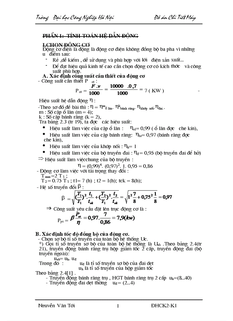 Đồ án chi tiết máy Tính toán bộ truyền đai và hộp giảm tốc
