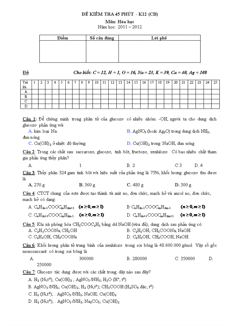 ĐỀ KIỂM TRA 45 PHÚT K12 CB Môn Hóa học
