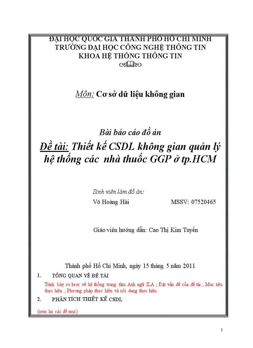 Thiết kế CSDL không gian quản lý hệ thống các nhà thuốc GGP ở tp HCM