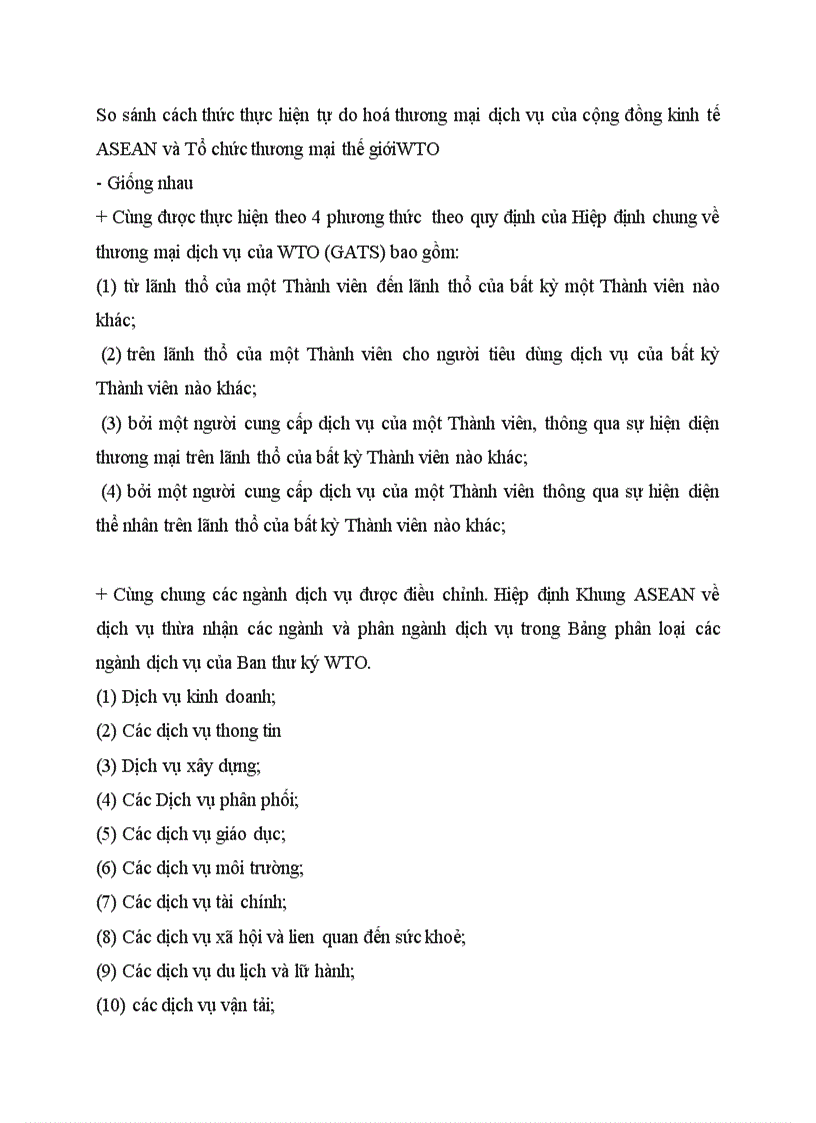 So sánh cách thức thực hiện tự do hoá thương mại dịch vụ của cộng đồng kinh tế asean với wto