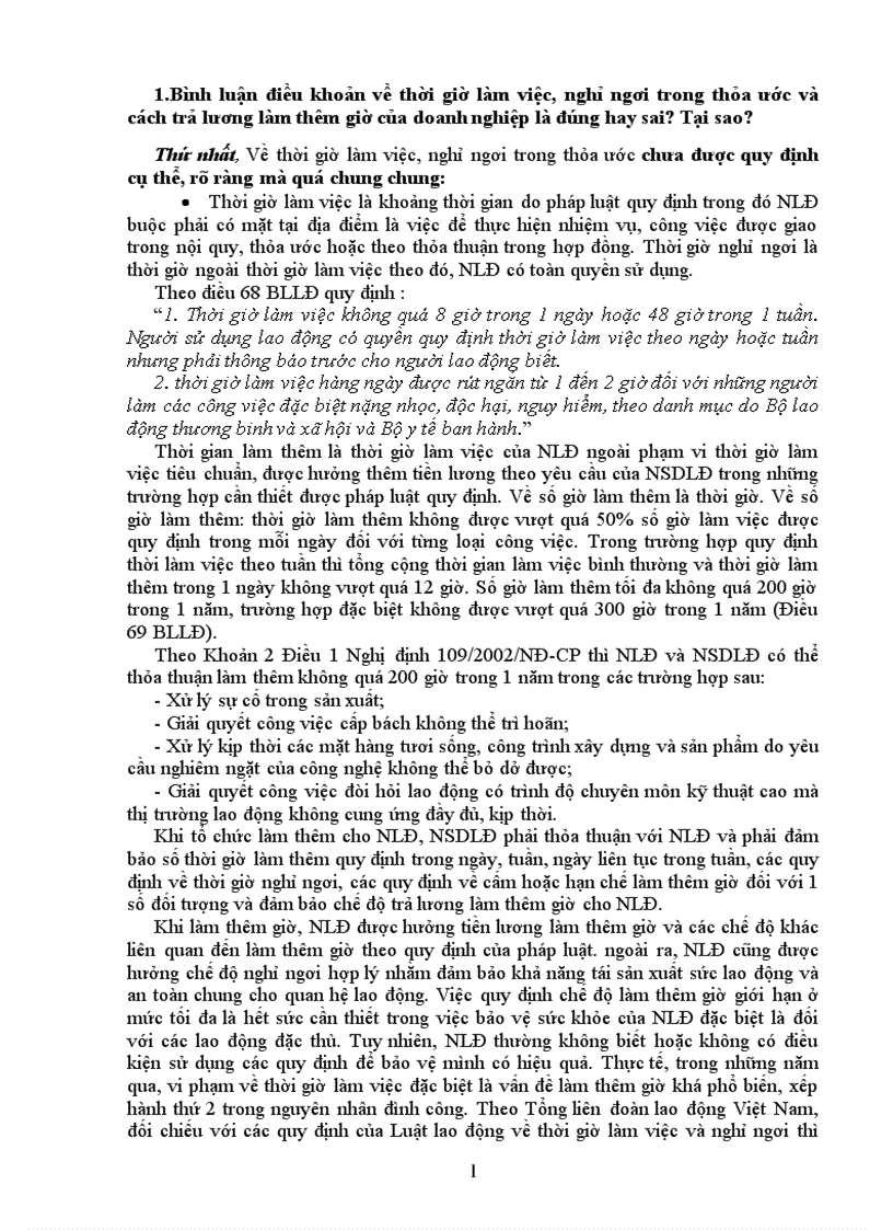 1 Bình luận điều khoản về thời giờ làm việc nghỉ ngơi trong thỏa ước và cách trả lương làm thêm giờ của doanh nghiệp là đúng hay sai Tại sao 2 Tranh chấp lao động nói trên là tranh chấp về q