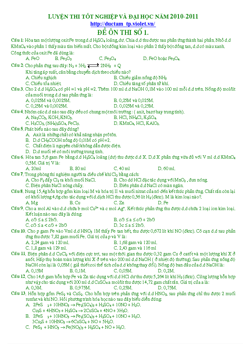 Đề ôn thi số 1 Luyện thi tốt nghiệp và đại học năm 2010 2011
