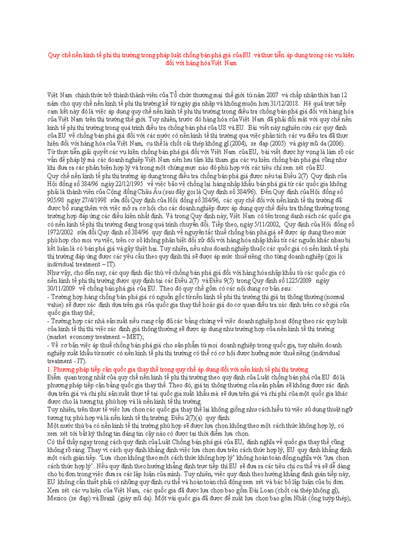 Quy chế nền kinh tế phi thị trường trong pháp luật chống bán phá giá của EU và thực tiễn áp dụng trong các vụ kiện đối với hàng hóa Việt Nam