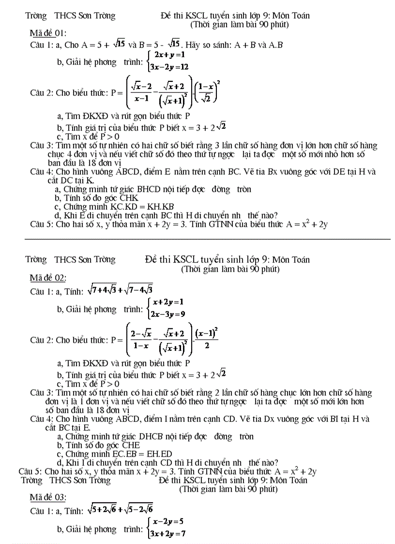 Đề thi KSCL tuyển sinh lớp 9 Môn Toán