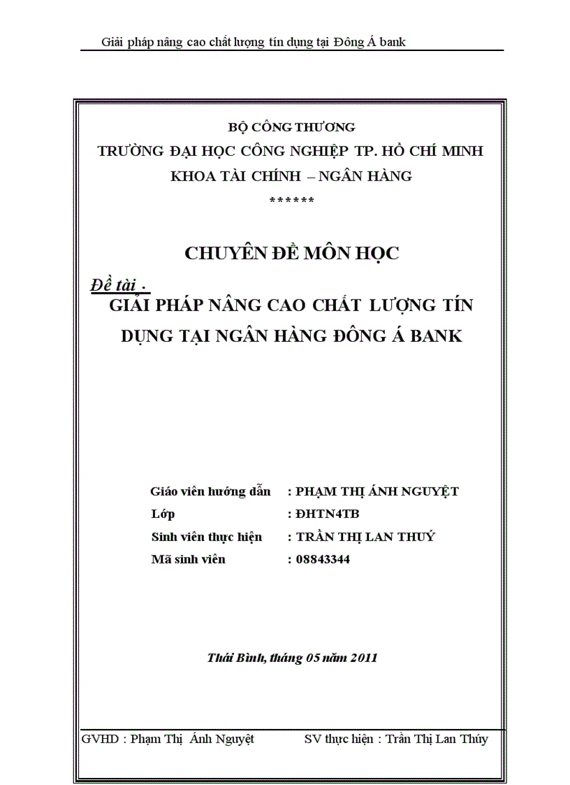 Giải pháp nâng cao chất lượng tín dụng tại ngân hàng Đông Á bank