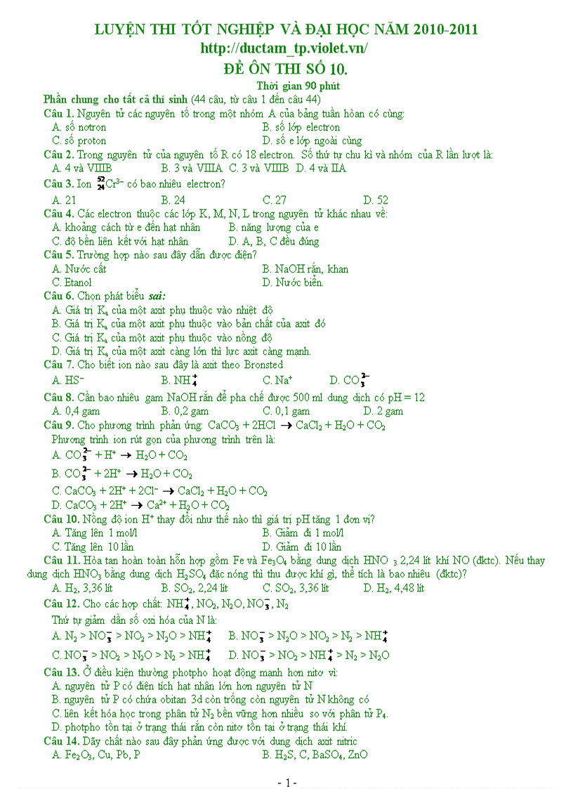 Luyện thi tốt nghiệp và đại học năm 2010 2011 đề ôn thi số 10