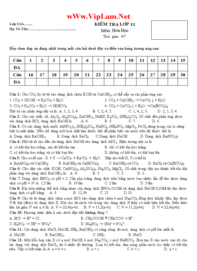 KIỂM TRA LỚP 11 Môn Hóa Học